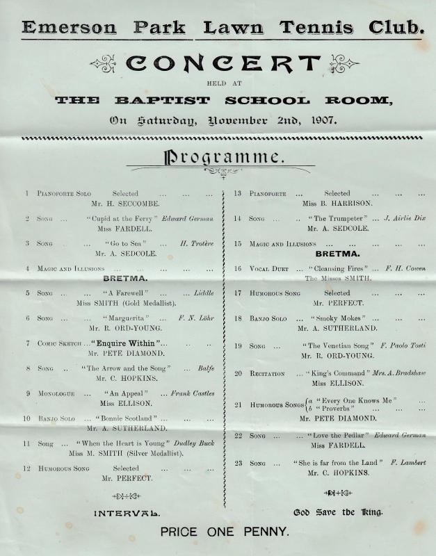 Emerson Park Hornchurch Romford Lawn Tennis Club Magic Opera Concert Ephemera