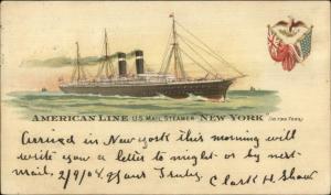 American Line US Mail Steamer Ship NEW YORK Used Cover 1908 Postcard