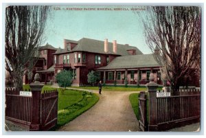 1908 Northern Pacific Hospital Fence Building Man Pathways Missoula MT Postcard