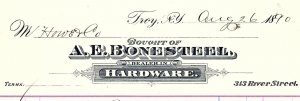 1890 TROY NY  A.E. BONESTEEL HARDWARE 313 RIVER ST  BILLHEAD INVOICE Z1715