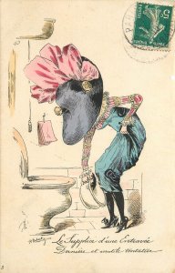 French Postcard Hobble Skirt Woman Can't Use Bathroom Toilet, Jorel Hand-Colored