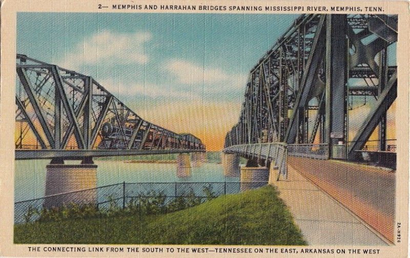 Postcard Memphis + Harrahan Bridges Spanning Mississippi River Memphis TN