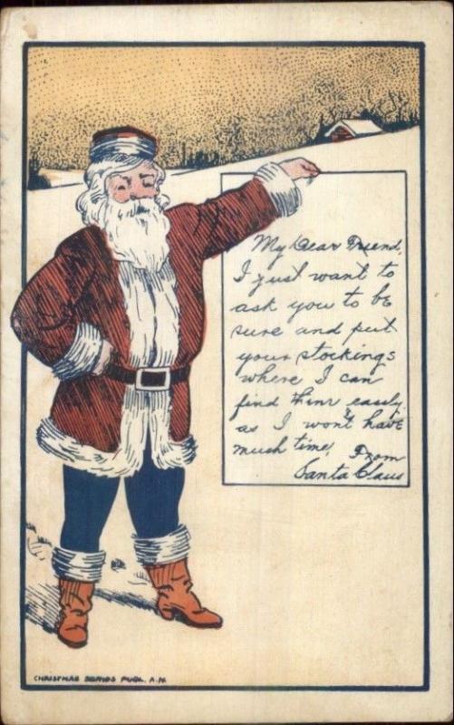 Christmas - Santa Claus Holding Sign About Stockings c1910 Postcard