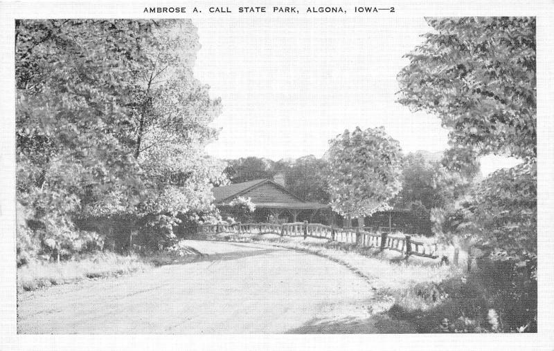 Algona Iowa~Ambrose A Call State Park~Rustic Fence & Lodge by Road~1940s Pc