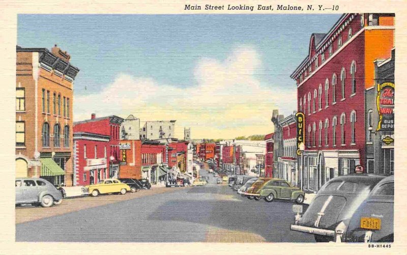 Main Street Looking East Malone New York 1940s linen postcard