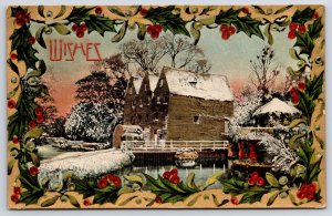 Vintage Postcard Christmas Wishes Greetings Card Winter Snow House Holly Berries 