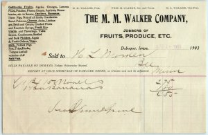 1903 Dubuque, Iowa M.M. Walker Letterhead Fruits Bananas Receipt Antique Bill R1