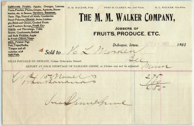 1903 Dubuque, Iowa M.M. Walker Letterhead Fruits Bananas Receipt Antique Bill R1