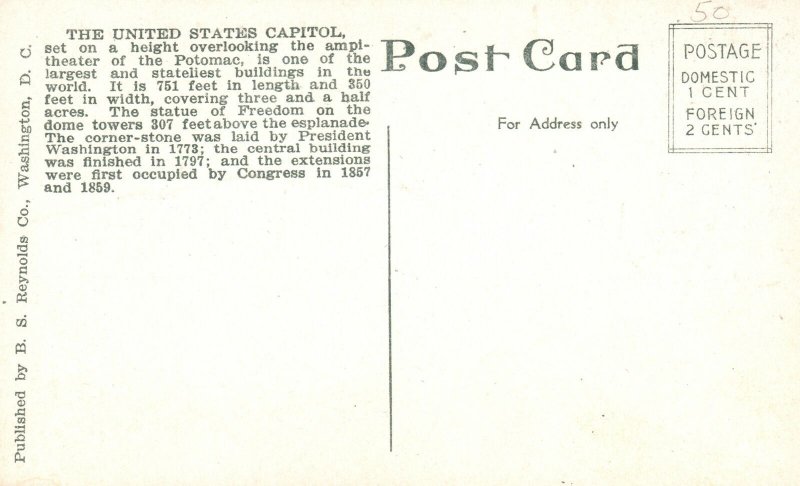 Vintage Postcard 1910's U.S. Capitol Building Washington D. C. District Columbia