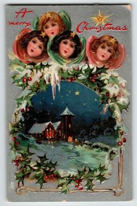 Christmas Postcard Tuck Angels Cherubs Church Embossed Holly Stars Snow 136