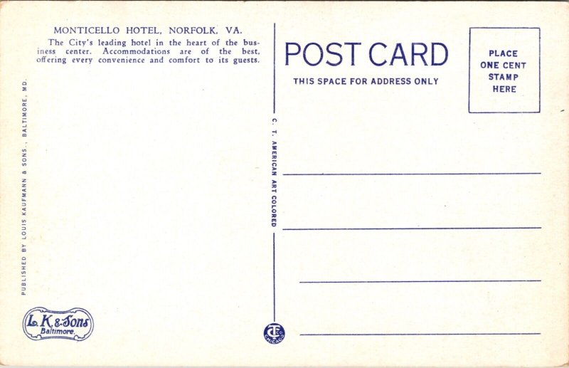 Postcard Monticello Hotel in Norfolk, Virginia