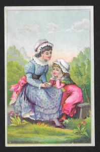 VICTORIAN TRADE CARD Stock Card Pretty Lady & Girl on Bench