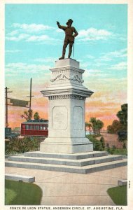 Vintage Postcard 1920's Ponce De Leon Statue Anderson Circle St. Augustine FL