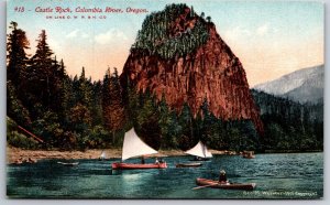 Oregon~View Of Castle Rock On The Columbia River W/ Sailboats~Vintage Postcard