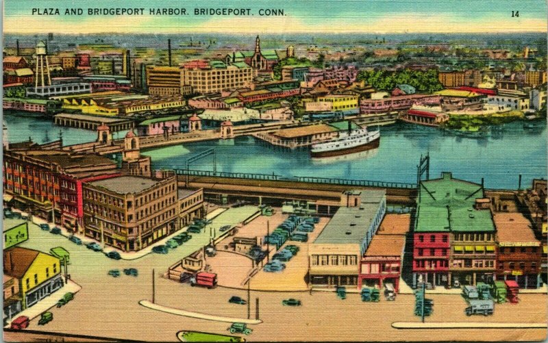 Vtg Linen Postcard - Bridgeport Connecticut CT Plaza Harbor Buildings Old Cars