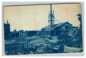 Vintage 1890's Cyanotype RPPC Postcard Construction of Farm - Interesting