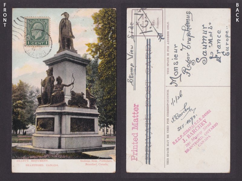 Postcard, CANADA, Brantford, Brants Monument