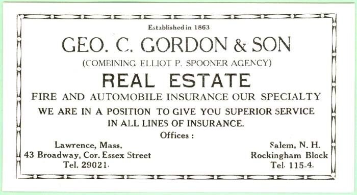 Salem, NH, Geo. C. Gordon & Son Real Estate Fire & Auto Ins advertising  blotter