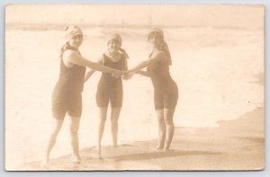 RPPC 3 French Bathing Beauties~2 Are Possible Twins~Sleeveless~Headscarves c1918