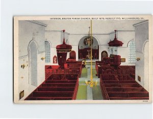 Postcard Interior Bruton Paris Church Williamsburg Virginia USA