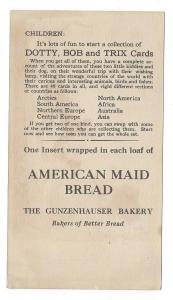 Gunzenhauser Bakery American Maid Bread Dotty Bob Trix Card