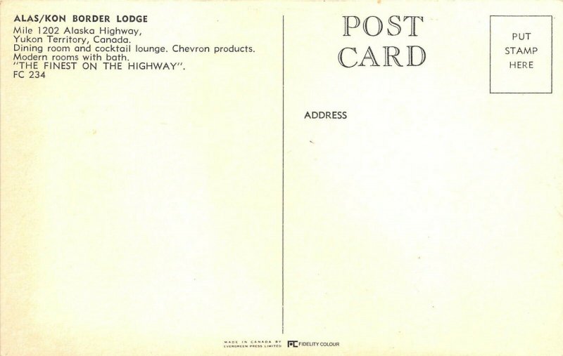 Yukon Territory Canada 1960s Postcard Alas/Kon Border Lodge Motel Alaska Highway