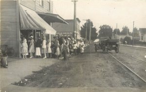 c1907 RPPC; People Lined up at Post Office, Street Scene, Unknown Wisconsin