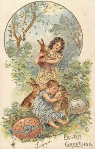 gold gilt girls rabbits undivided Artist signed Lizzie R Easter postcard ae55 