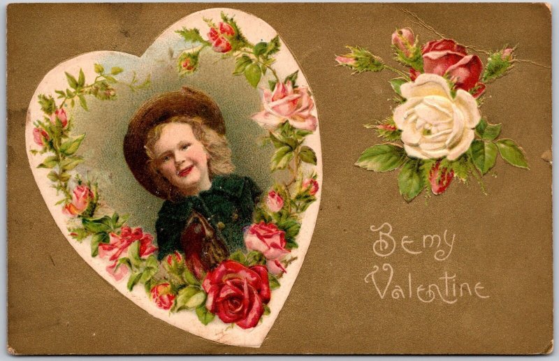 Valentine, 1907 Face on the Heart  Flowers Roses Greetings, Vintage Postcard