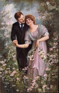 B Stengel Beautiful Woman Handsome Man Among Flowers Romance c1910 Postcard