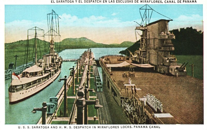 Vintage Postcard U. S. S. Saratoga & H. M. S. Despatch Miraflores Locks Panama