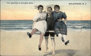 Wildwood New Jersey NJ Strong Man Lifts Two Women c1910 Vintage Postcard