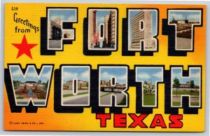 Fort Worth Texas~Large Letter Linen PC~Multi-Views~Key To Views On Back~1940s