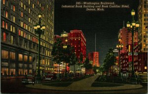 Night View Washington Boulevard Cars Detroit Michigan MI UNP Linen Postcard