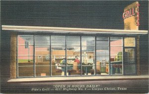 Postcard 1940s Texas Corpus Christi Pike's Grill Night linen Nationwide 23-12948