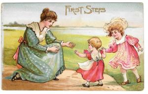 First Steps Mother Child Walking Girl Vntg Embossed postcard