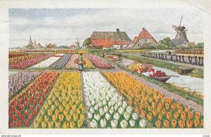 S'GRAVENHAGE, Netherlands, 1927; Woman in Flower Gardens, Windmill