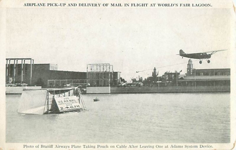 1933-34 Chicago World's Fair Postcard Airplane at Lagoon, Braniff Airways