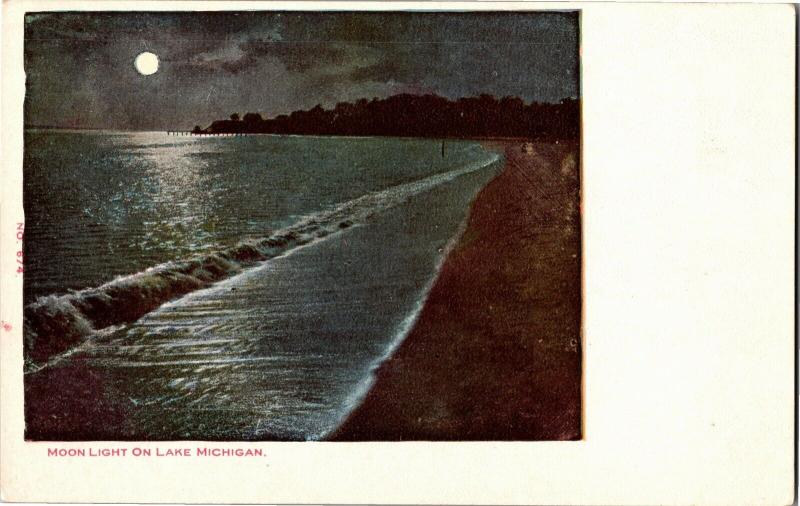 Moonlight on Lake Michigan UDB Vintage Postcard O09