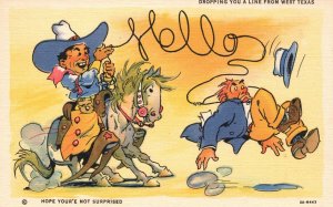Vintage Postcard 1930's Dropping You A Line From West Texas Cowboy Horse Comic