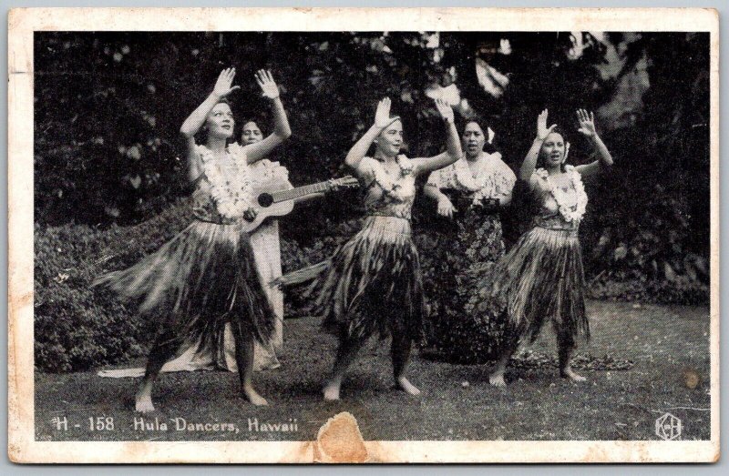 Honolulu Hawaii 1940s Postcard Hula Girl Dancers Guitar Grass Skirts Raised Hand