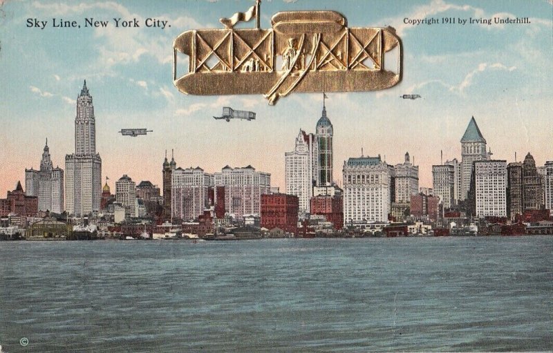 New York City Sky Line Novelty Wright Plane Aviation 1911 by Irving