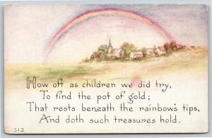 Greetings~How Oft As Children We Did Try~Rainbow Over Town~Vintage Postcard
