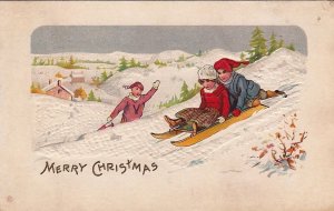 Postcard Merry Christmas Children Sledding Downhill