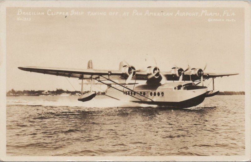 RPPC Postcard Airplane Brazilian Clipper Ship Pan American Airport Miami FL