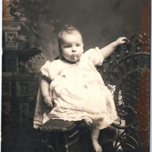 c1910s Cute Fat Baby Boy w/ Pacifier RPPC Wicker Chair Real Photo PC Binky A139