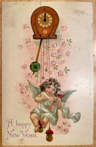 Vintage Victorian Postcard 1907 - A Happy New Year - Clock with Toasting Cherub