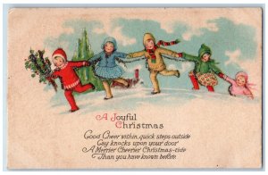 c1910's Christmas Children Playing Holly Berries Winter Glitter Antique Postcard 