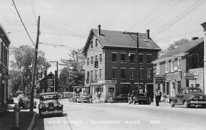 Searsport ME Main Street Policeman Storefronts Old Cars, Real Photo Postcard