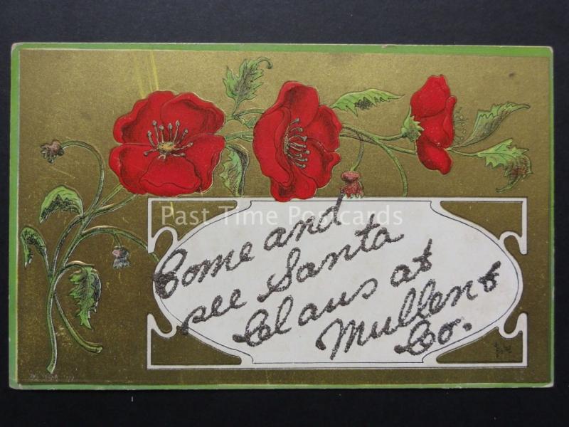 CHRISTMAS Poppies Postcard Glitered on Gold c1908 SEE SANTA CLAWS AT MULLEN & Co